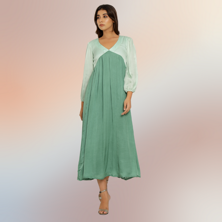 Teal Green-Tea Green Colour Block Maxi Dress | Bemberg Modal Silk