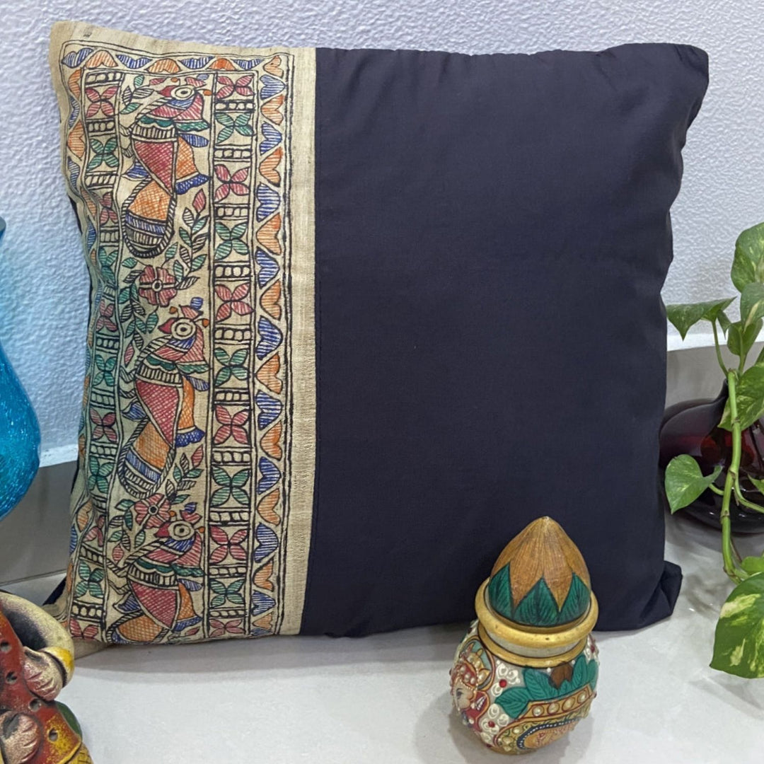 Black Madhubani Cushion Cover | Hand-Painted | Ethnic Decor | 16" x 16"