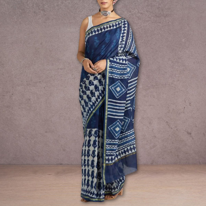 Indigo Blue Chanderi Silk Cotton Saree | Block Printed | Daily Wear