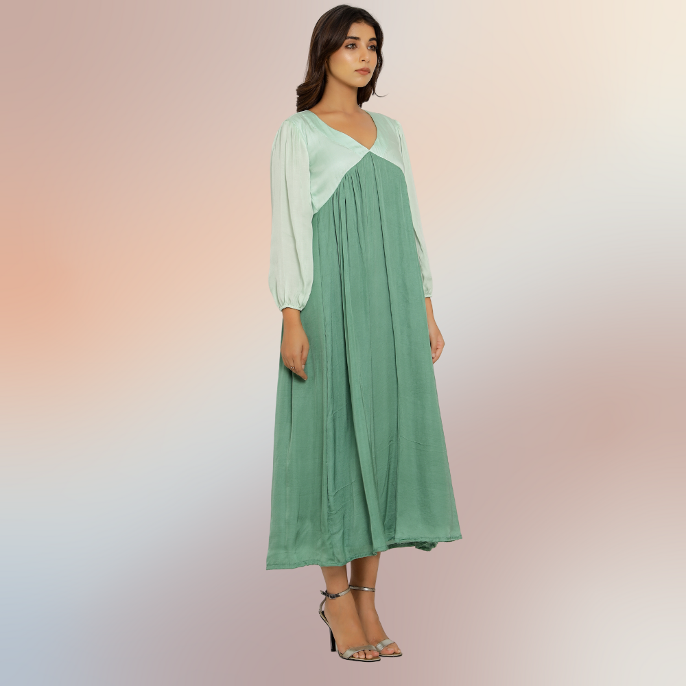 Teal Green-Tea Green Colour Block Maxi Dress | Bemberg Modal Silk