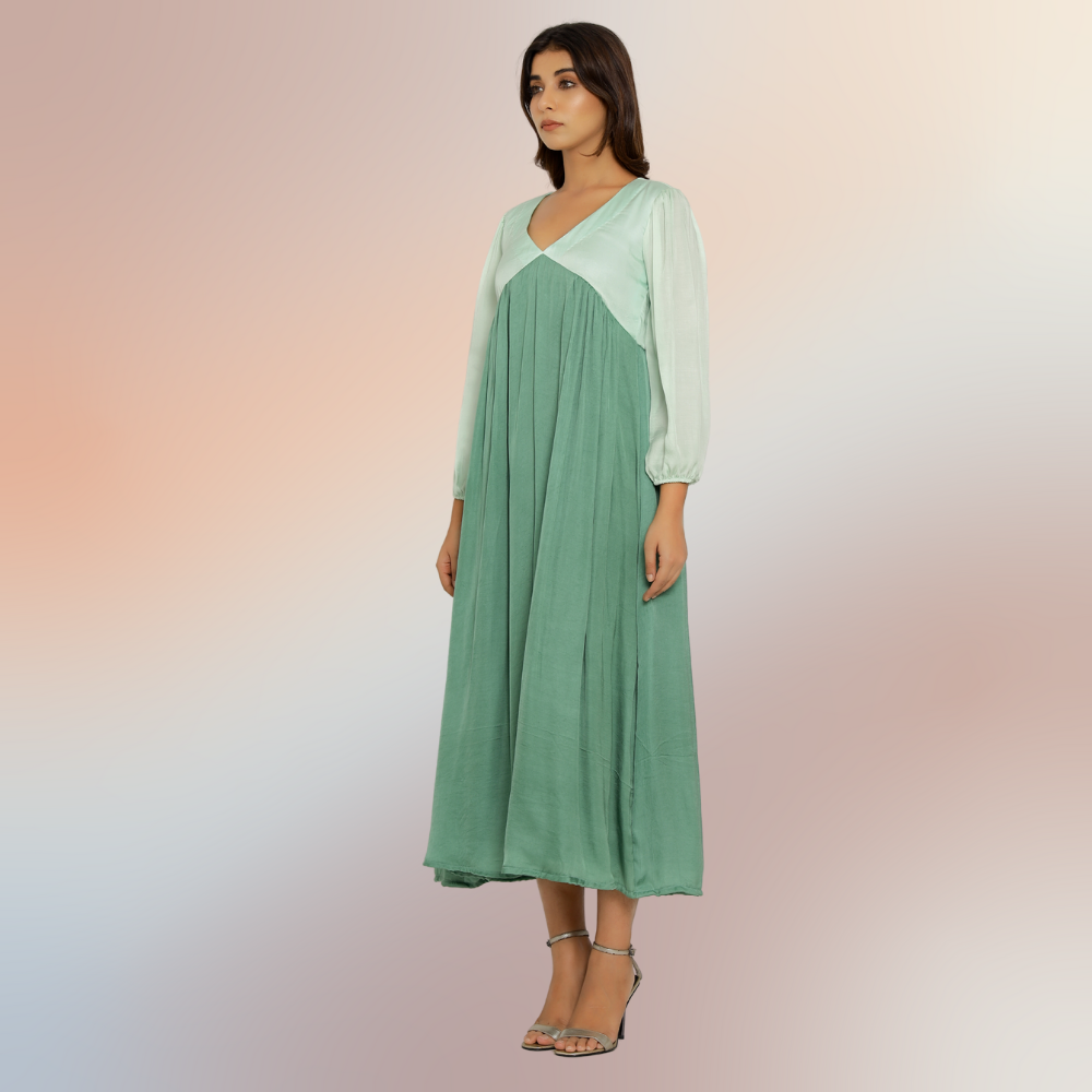 Teal Green-Tea Green Colour Block Maxi Dress | Bemberg Modal Silk