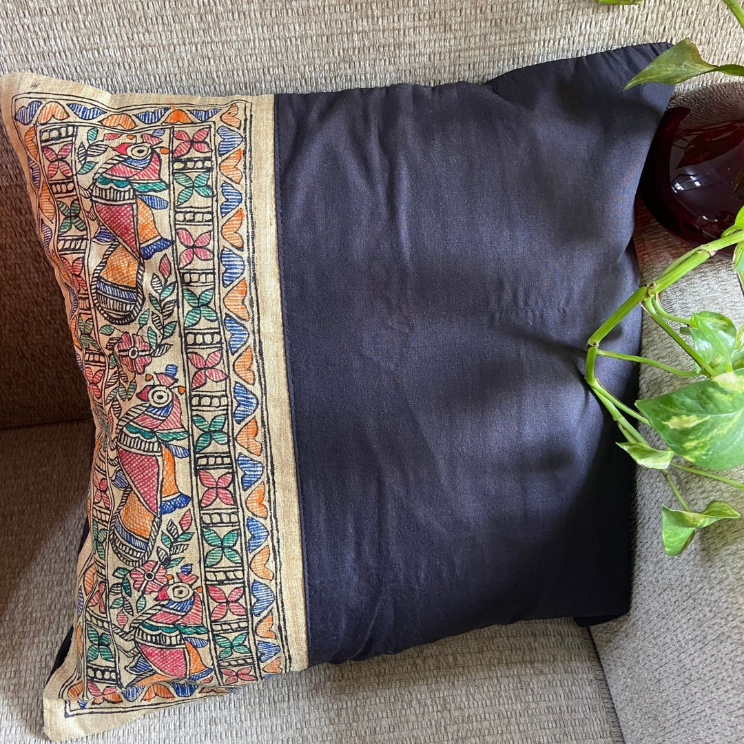 Black Madhubani Cushion Cover | Hand-Painted | Ethnic Decor | 16" x 16"