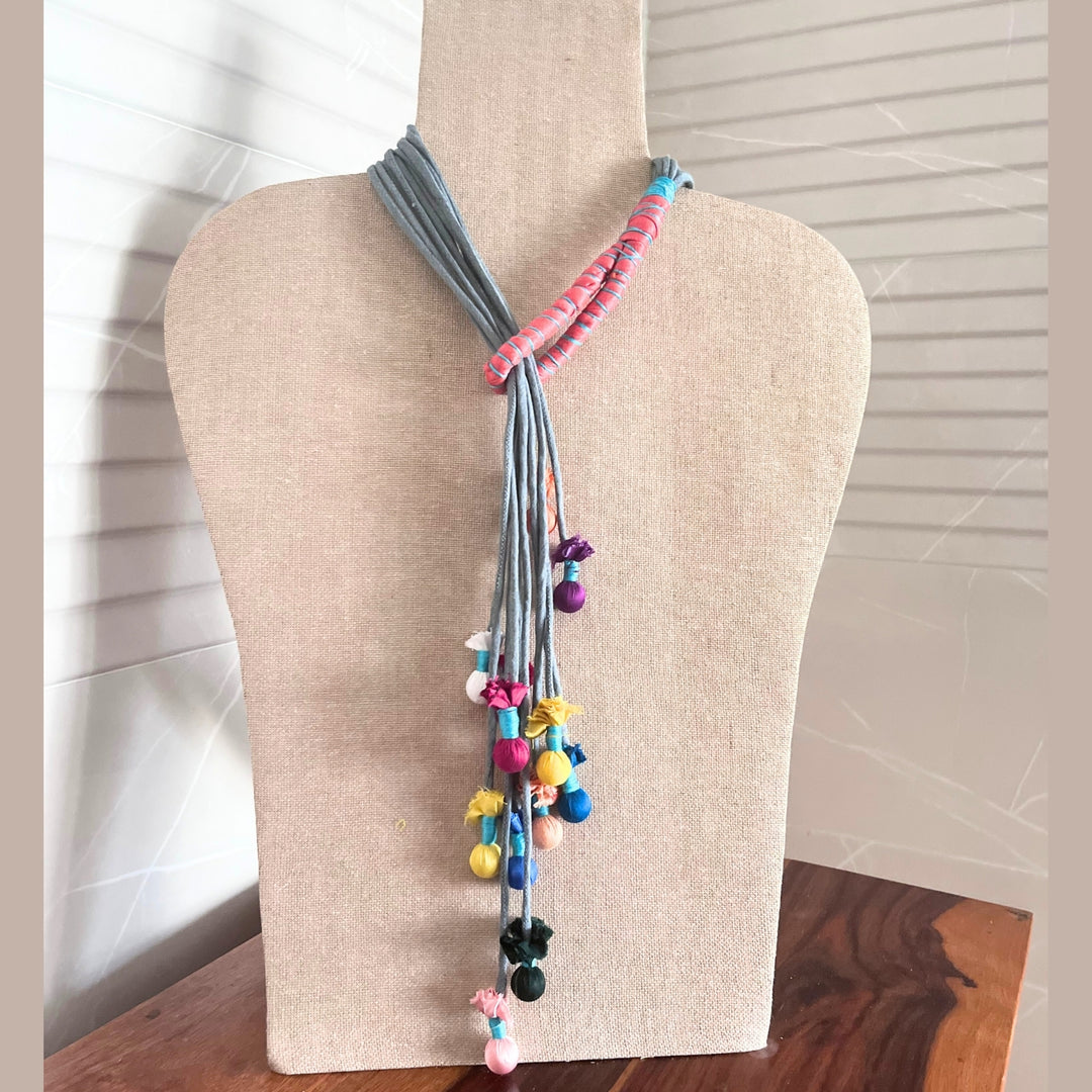 Chic And Boho Necklace For Women | Hand-Crafted Fabric Jewelry | Grey & Pink