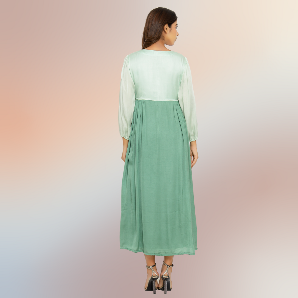 Teal Green-Tea Green Colour Block Maxi Dress | Bemberg Modal Silk