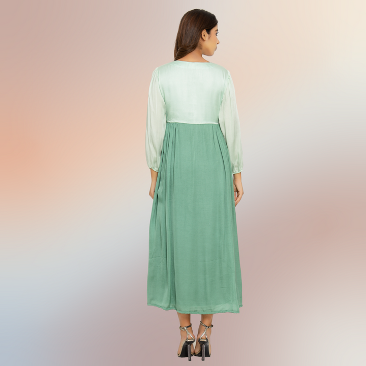 Teal Green-Tea Green Colour Block Maxi Dress | Bemberg Modal Silk