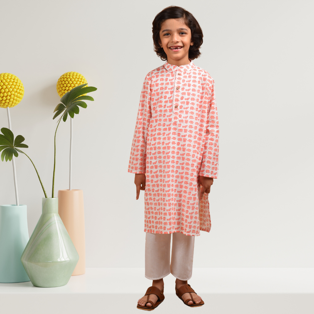 Peach Elephant Kurta Set | Boys Ethnic Kurta Set | Festive Wear | Cotton | Peach And White