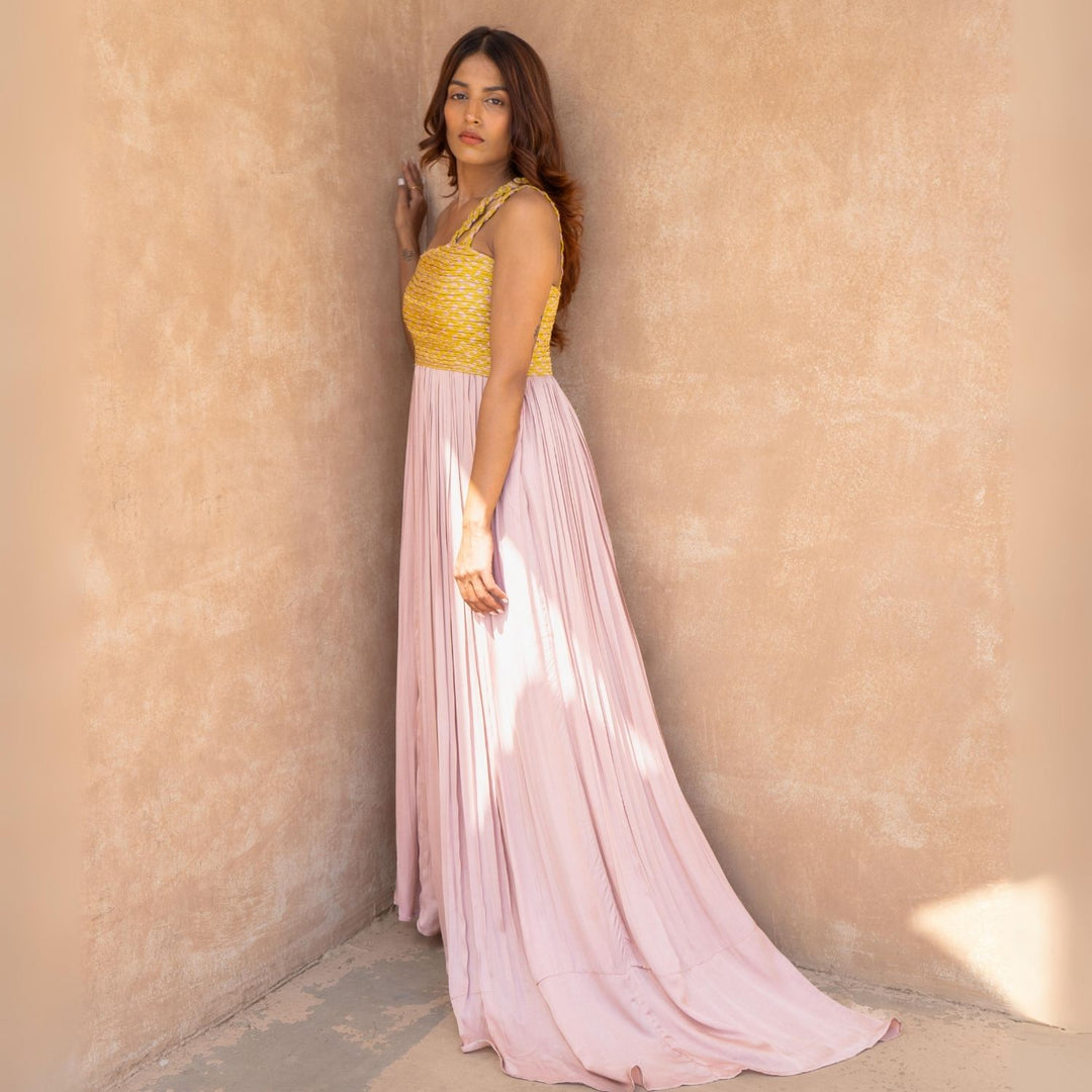 Pink-Yellow Braided Bustier Gather Gown | Modal | Contemporary Classics