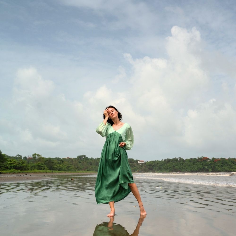 Teal Green-Tea Green Colour Block Maxi Dress | Bemberg Modal Silk