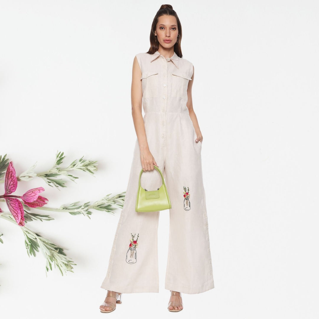 Olympe Linen Jumpsuit | Hand-Embroidered | Chic & Stylish