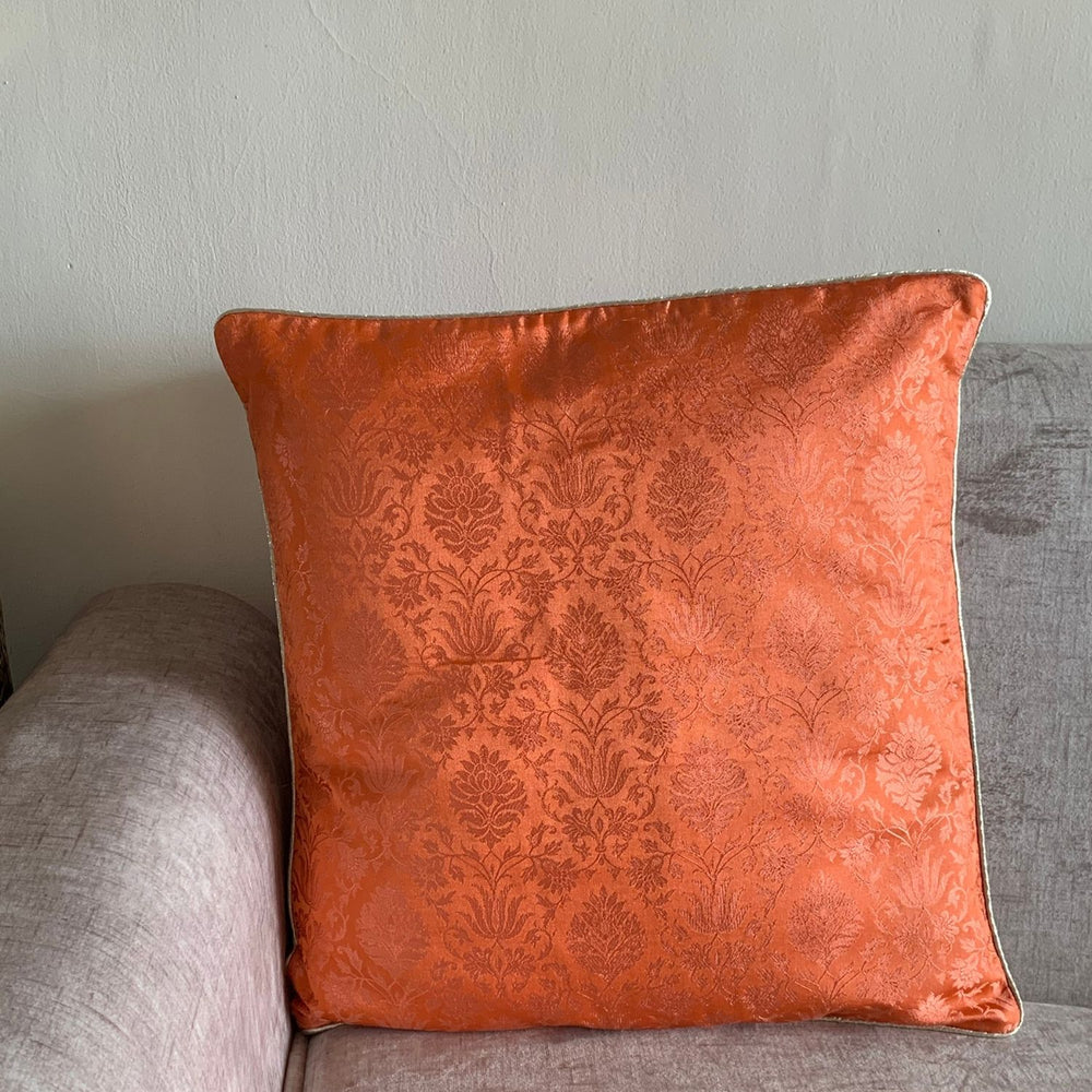 Coral Red Banarasi Cushion Cover | For Luxurious Decor | 16" x 16"