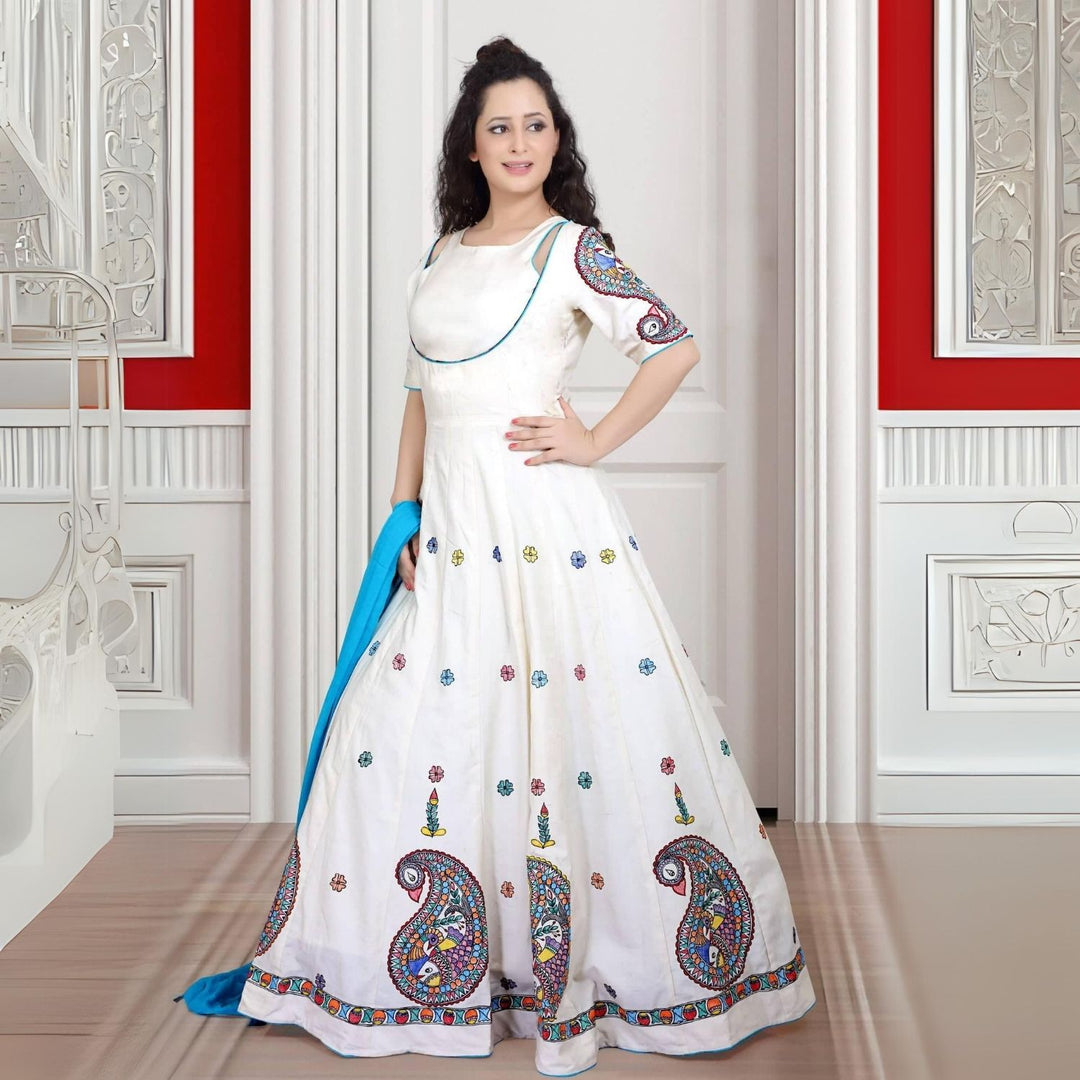 Shwet Kerry Tussar Eri Silk Anarkali | Madhubani Hand-Painted | Serene White & Blue