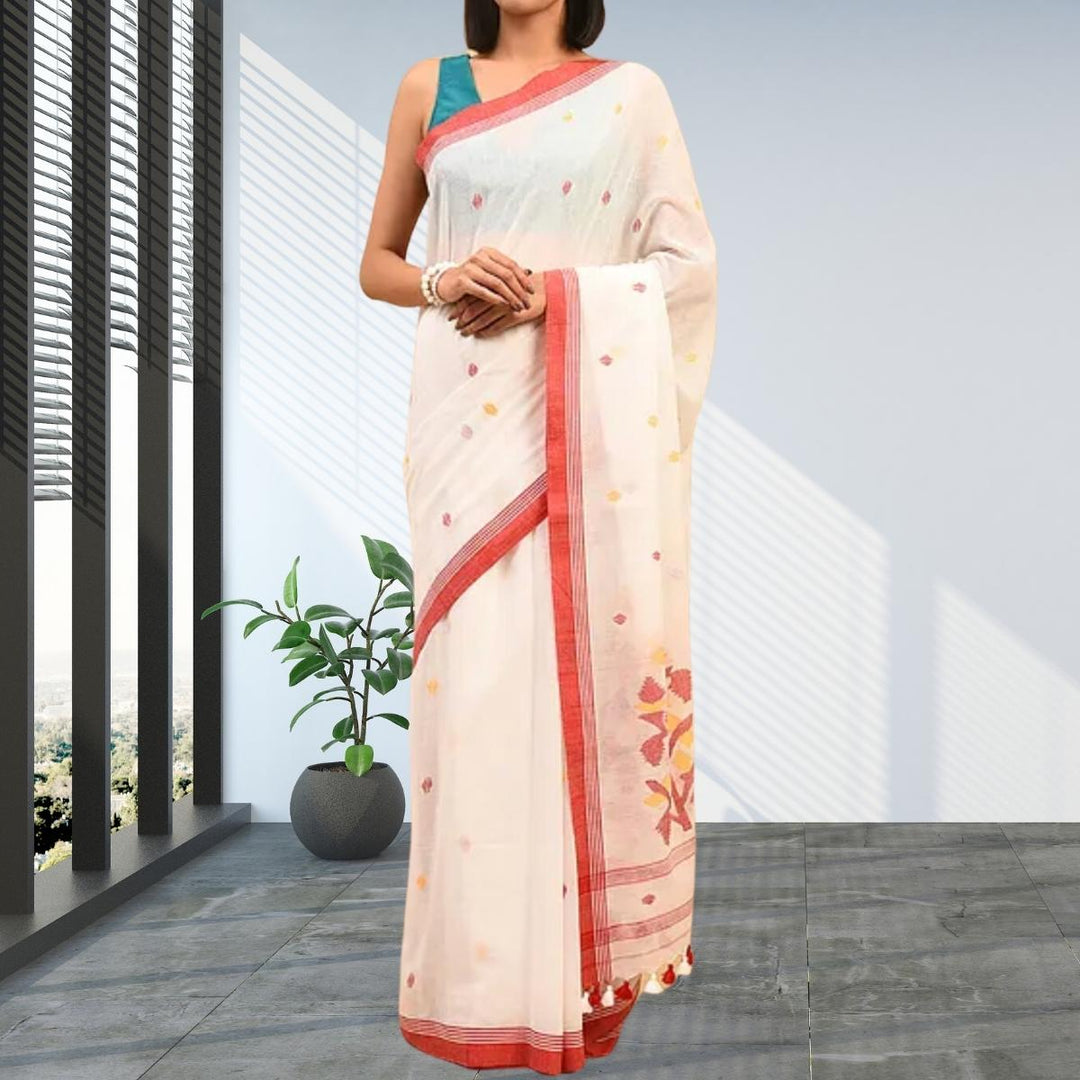  Pristine White & Red Cotton Mul Mul Saree | Jamdani Floral Motif | Light Weight