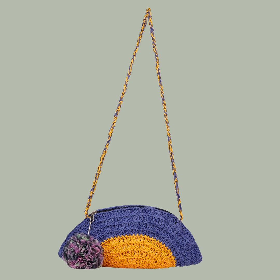 Half Circle Sling Bag | Hand-Crochet | Cotton Yarn | Navy Blue & Mustard Yellow