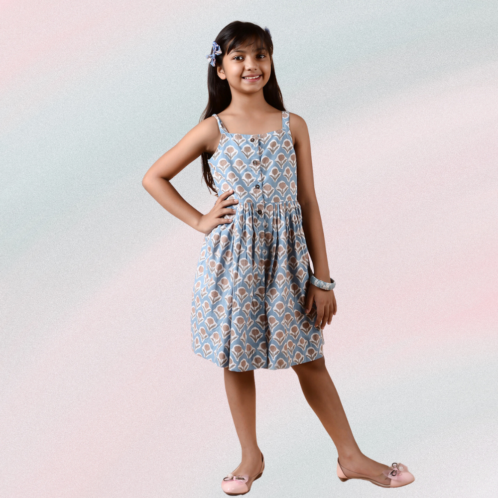 Opal Cami Dress | Handblock Printed | Kidswear | Cotton | Stone Blue