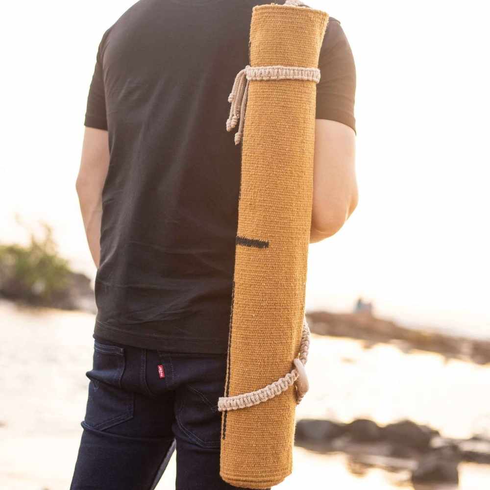 Cotton Yoga Mat With Strap And Bag | Cloth Backing | Mustard Yellow