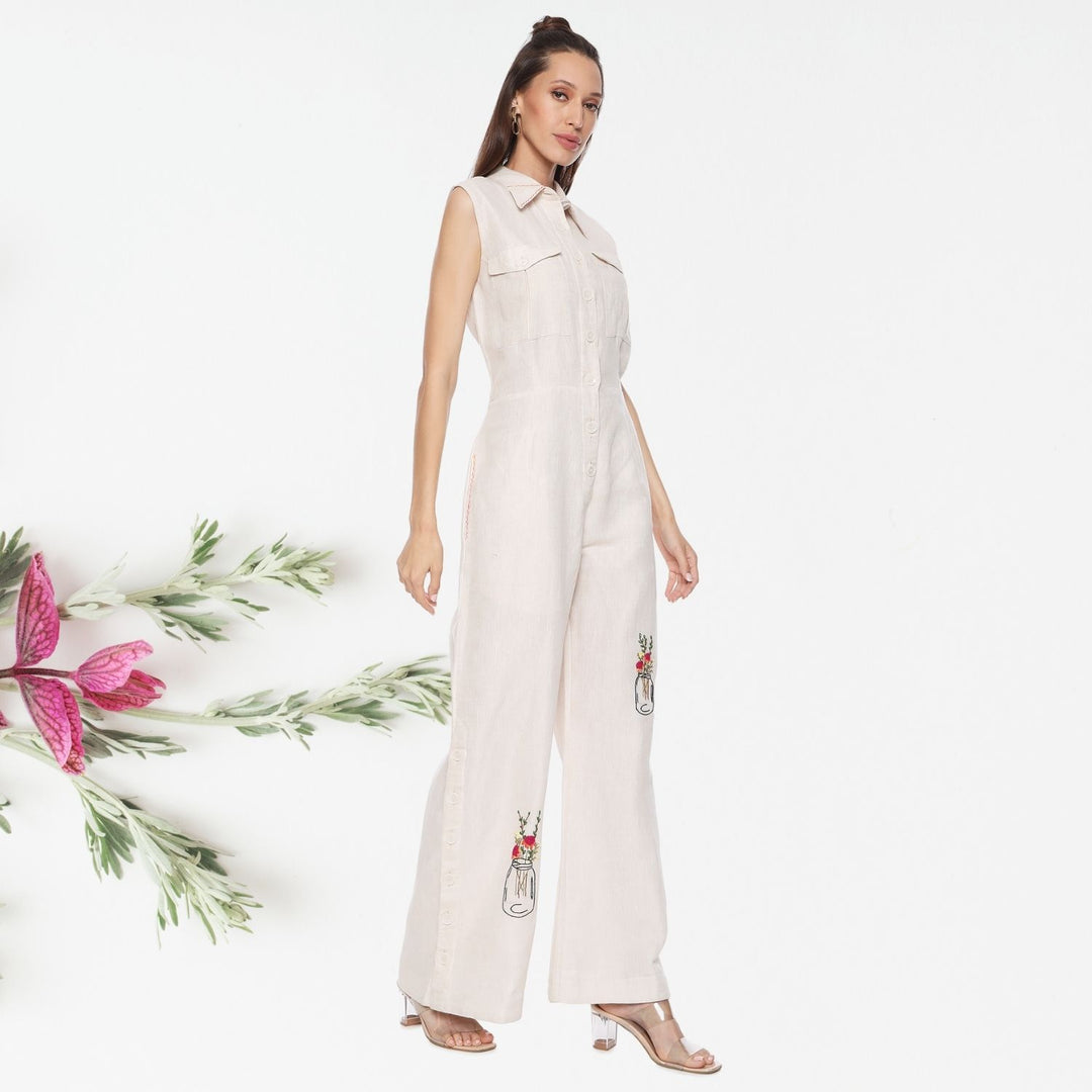 Olympe Linen Jumpsuit | Hand-Embroidered | Chic & Stylish