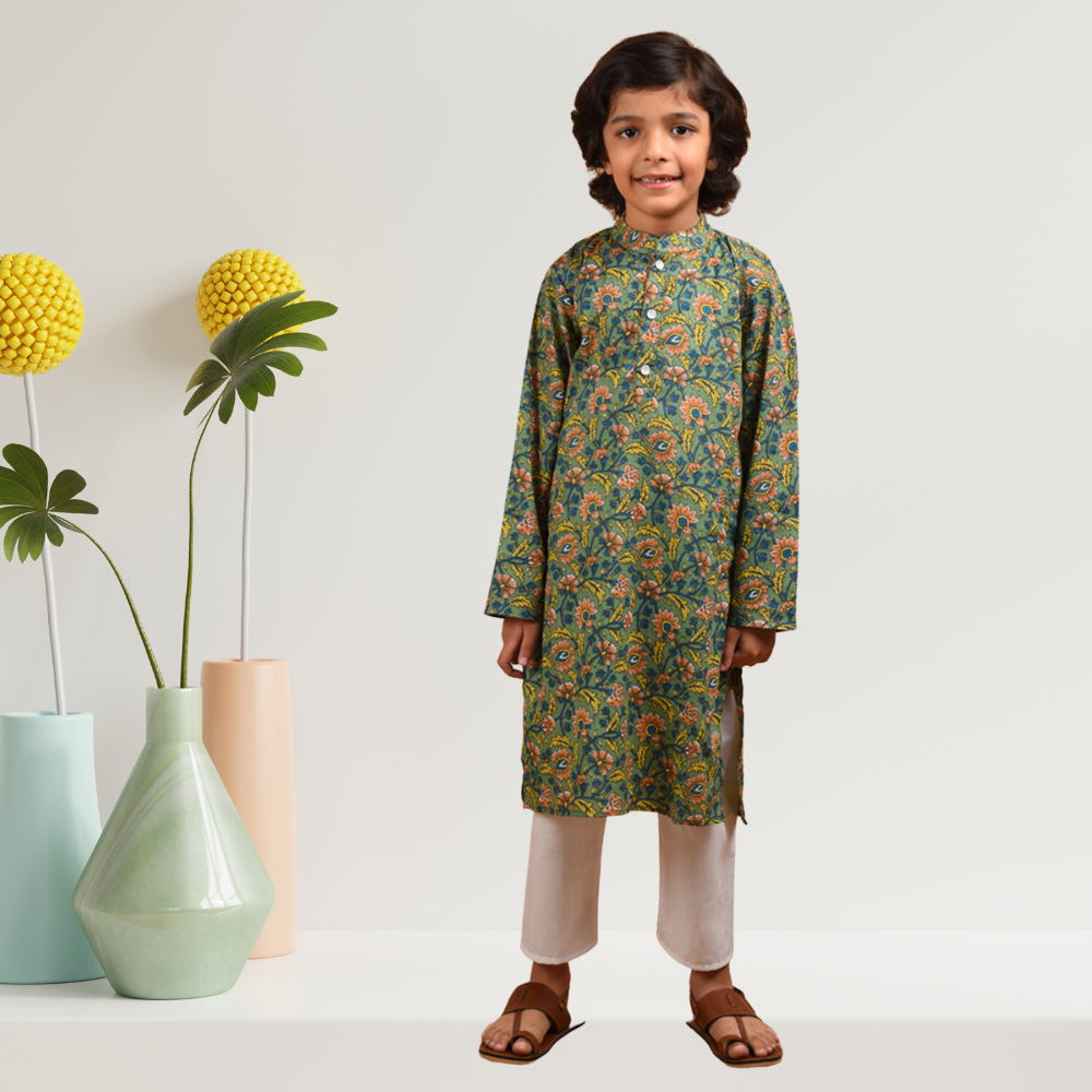 Jungle Green Kurta Set | Boys Ethnic Kurta Set | Festive Wear | Cotton | Green And White