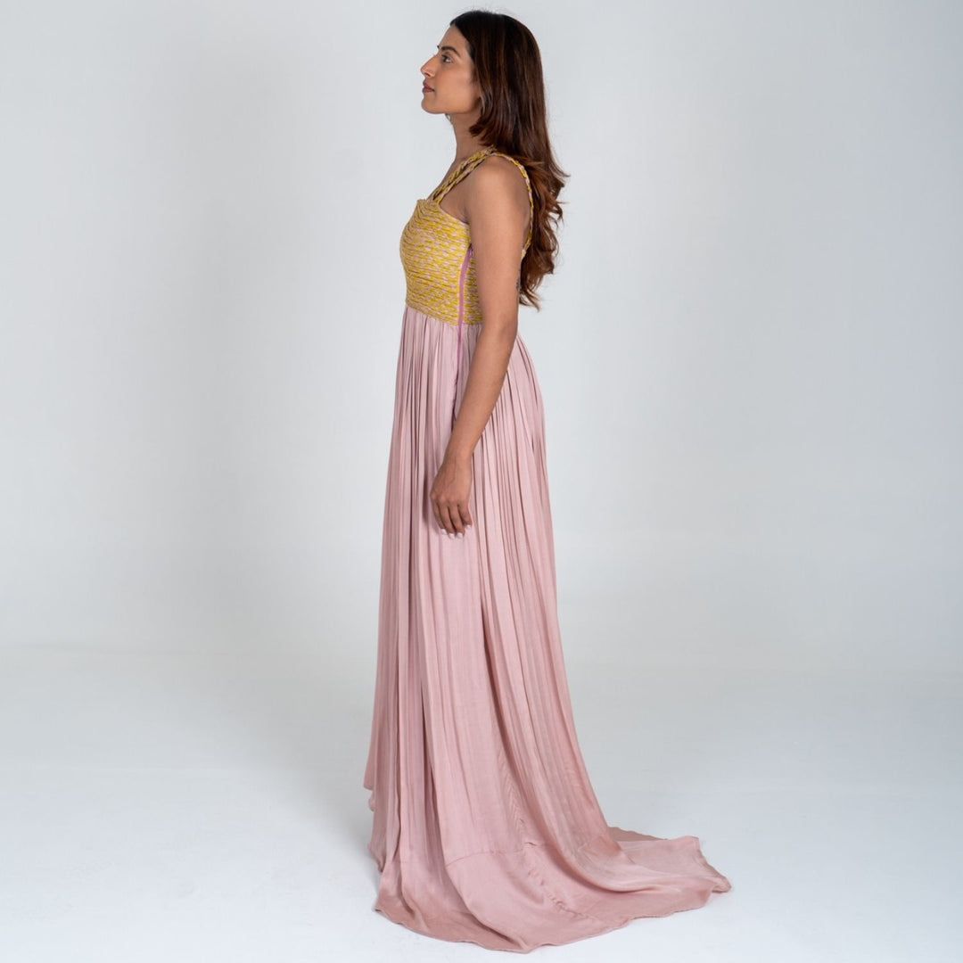 Pink-Yellow Braided Bustier Gather Gown | Modal | Contemporary Classics