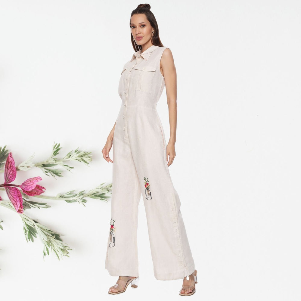 Olympe Linen Jumpsuit | Hand-Embroidered | Chic & Stylish