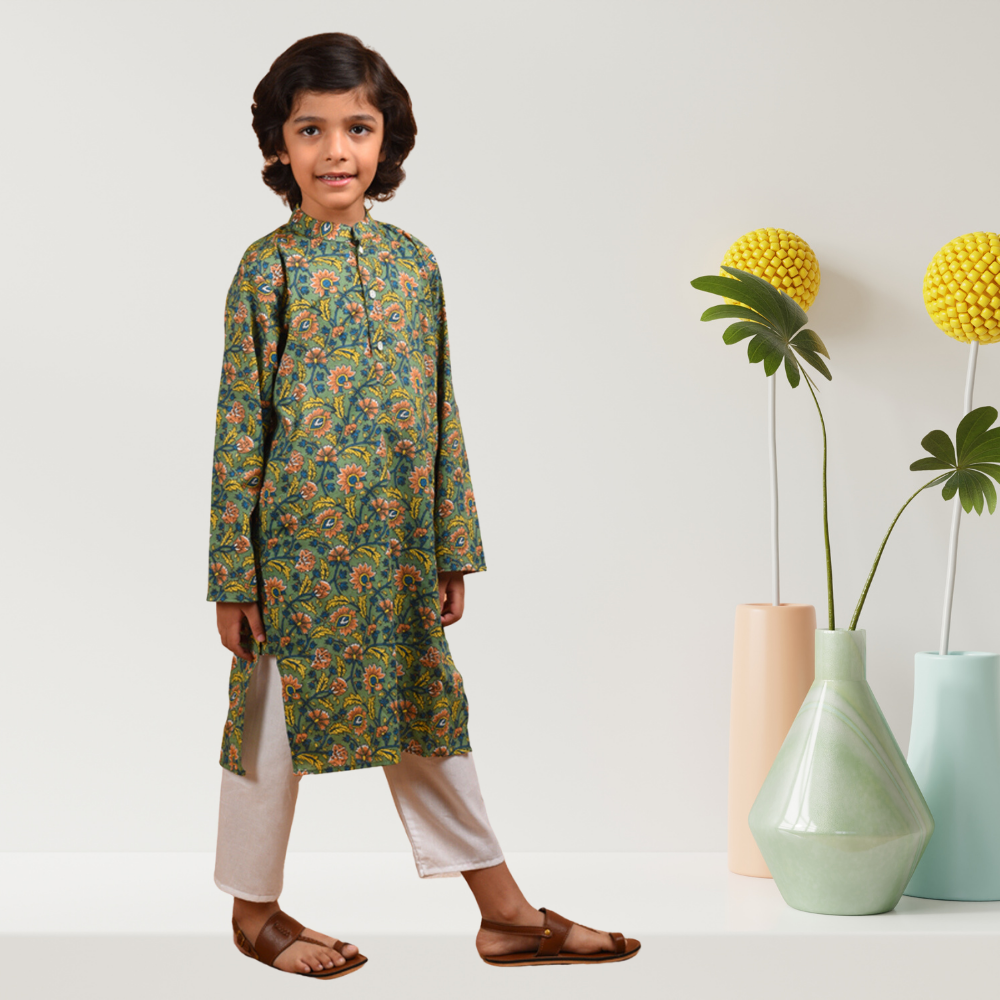 Jungle Green Kurta Set | Boys Ethnic Kurta Set | Festive Wear | Cotton | Green And White