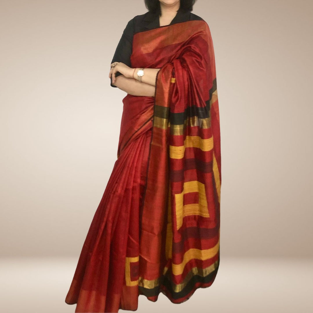 Red Bhagalpuri Tussar Silk Saree | Handloom | Graceful Geometrical Woven Pallu