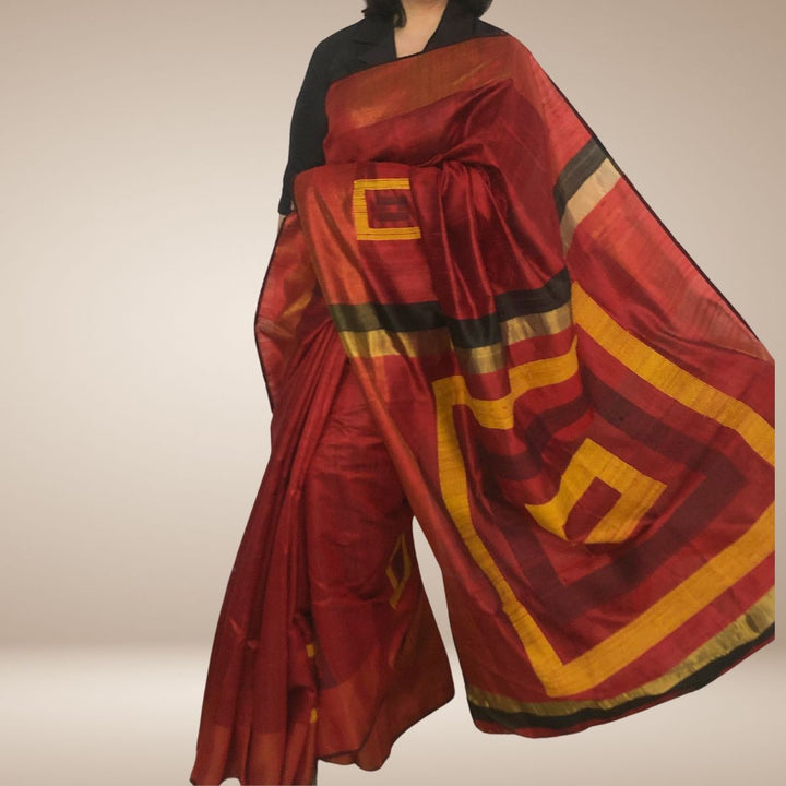 Red Bhagalpuri Tussar Silk Saree | Handloom | Graceful Geometrical Woven Pallu