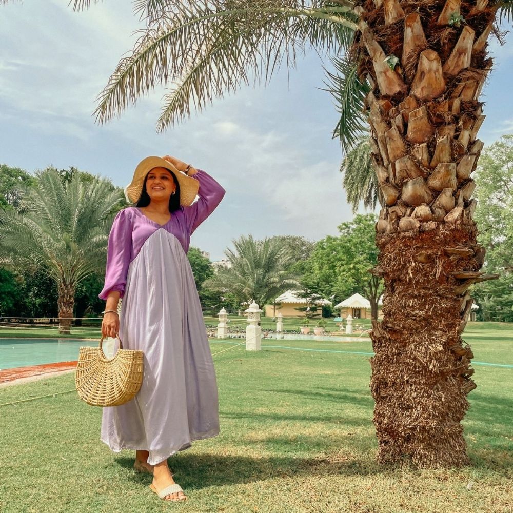 Purple-Lilac Colour Block Asymmetric Maxi Dress | Bemberg Modal Silk