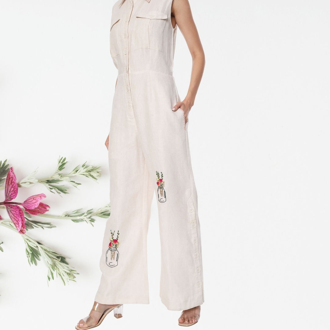 Olympe Linen Jumpsuit | Hand-Embroidered | Chic & Stylish