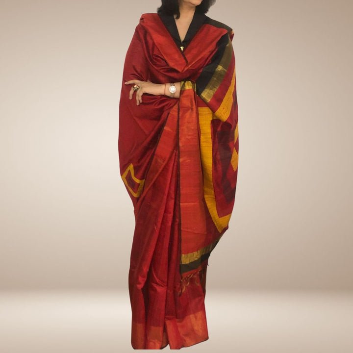 Red Bhagalpuri Tussar Silk Saree | Handloom | Graceful Geometrical Woven Pallu