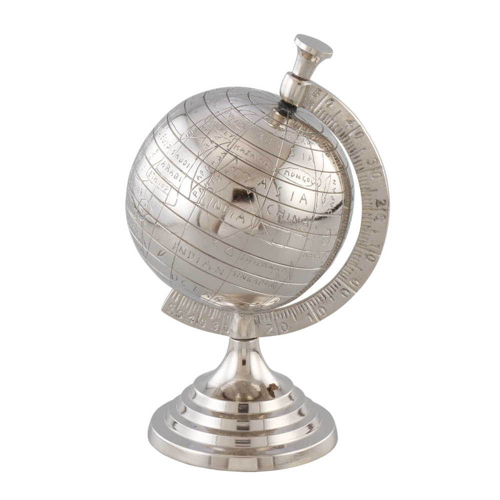 Globe Table Top Showpiece | Modern Home Decor | Hand-Crafted | Nickel Finish | 12 Inch