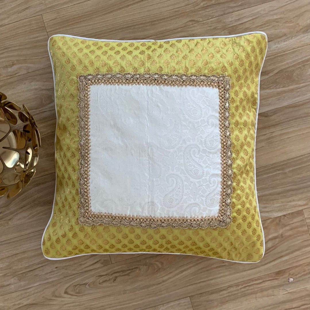 Yellow Banarasi Cushion Cover | Hand-Crafted | 16" x 16"