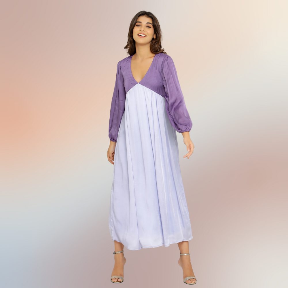 Purple-Lilac Colour Block Asymmetric Maxi Dress | Bemberg Modal Silk