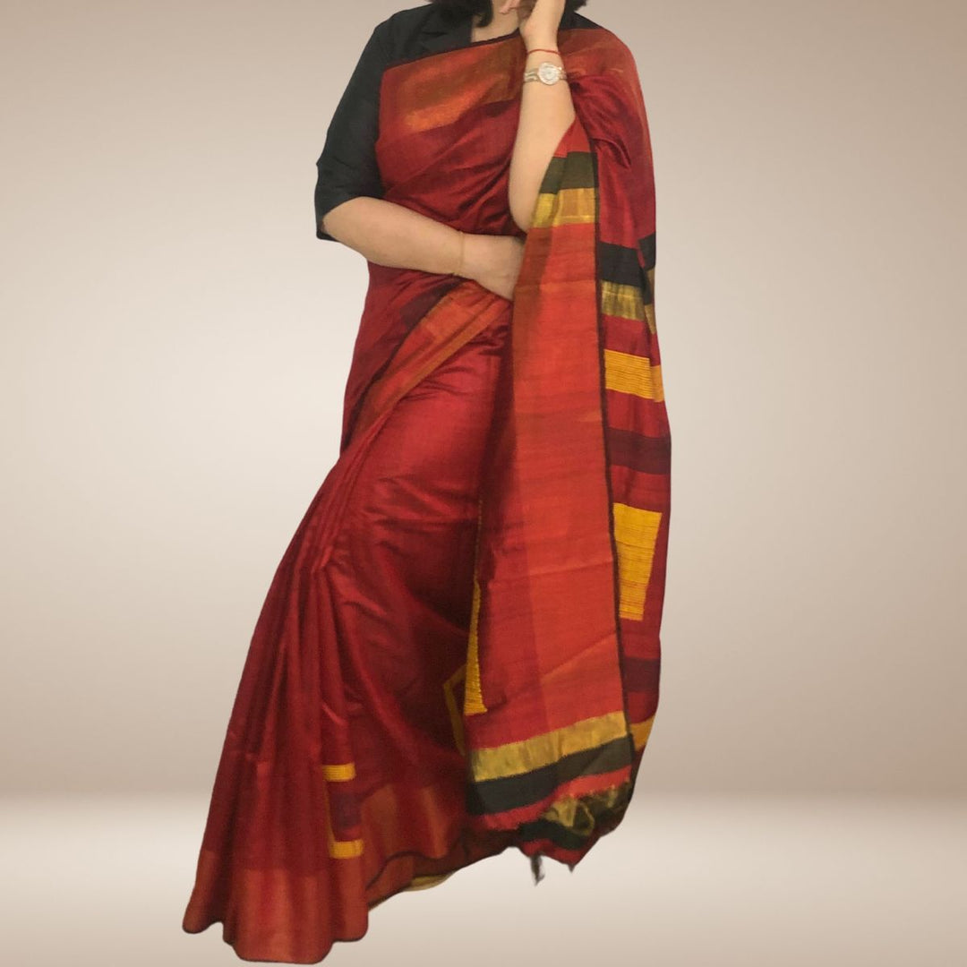 Red Bhagalpuri Tussar Silk Saree | Handloom | Graceful Geometrical Woven Pallu