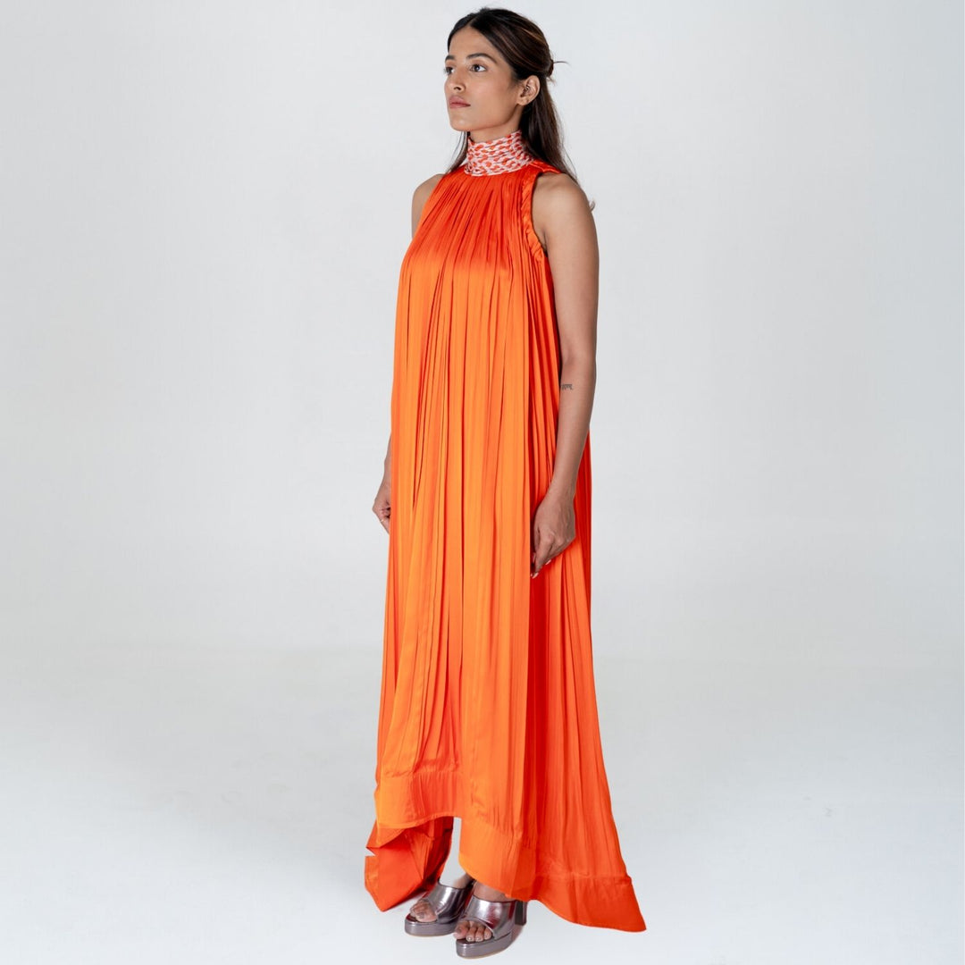 Orange Halter Neck Gather Gown | Modal | Effortless Elegant style