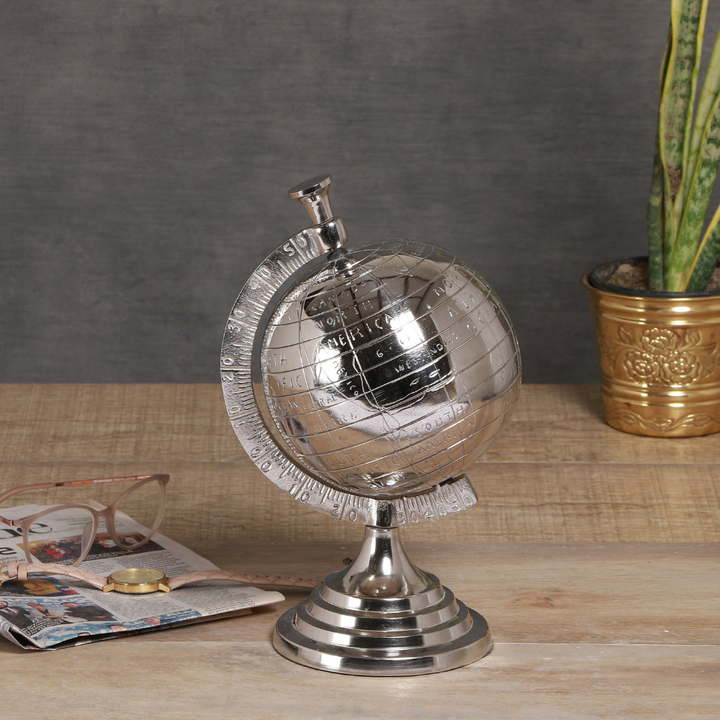 Globe Table Top Showpiece | Modern Home Decor | Hand-Crafted | Nickel Finish | 12 Inch