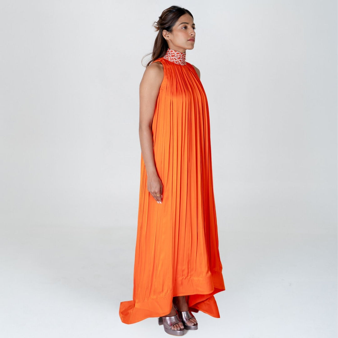 Orange Halter Neck Gather Gown | Modal | Effortless Elegant style