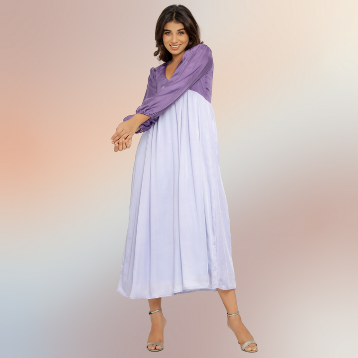 Purple-Lilac Colour Block Asymmetric Maxi Dress | Bemberg Modal Silk