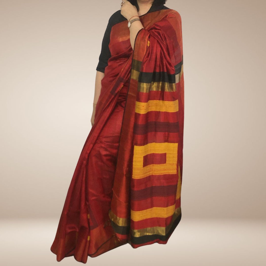 Red Bhagalpuri Tussar Silk Saree | Handloom | Graceful Geometrical Woven Pallu