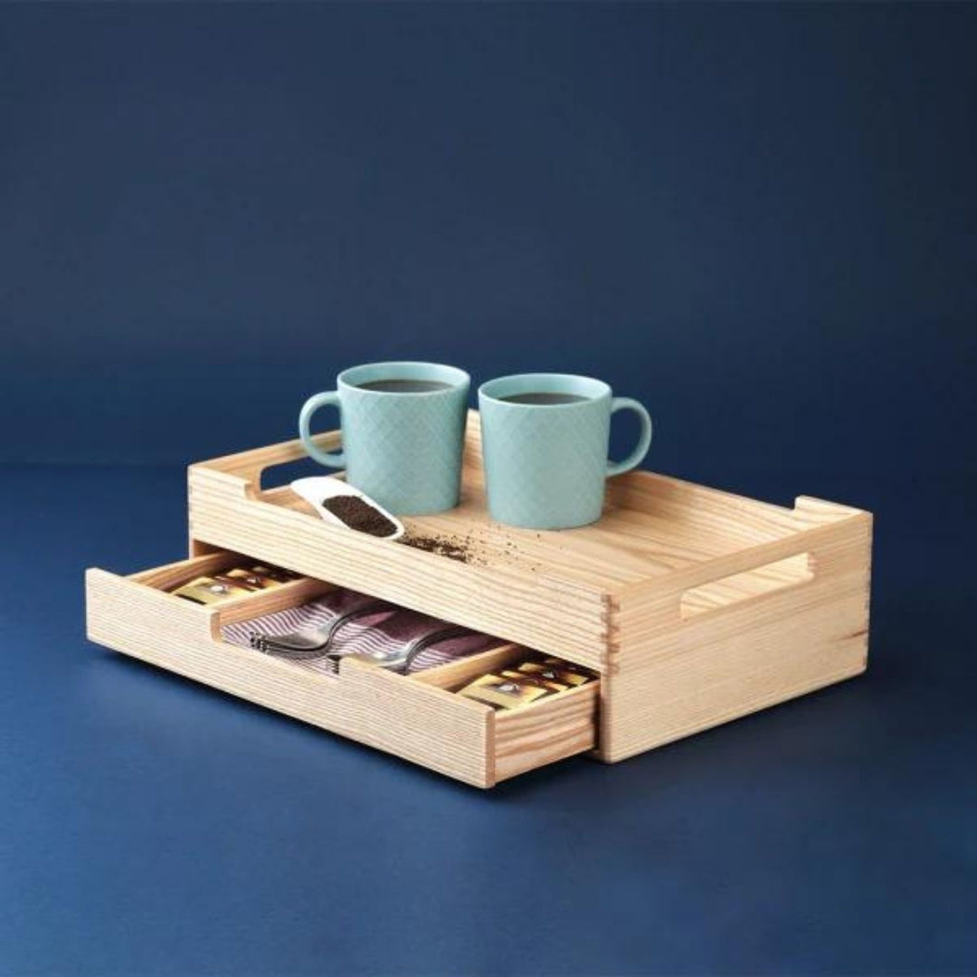 Cresta Serving Tray with Teabags Drawer | Canadian Ash Wood | 16 Inch