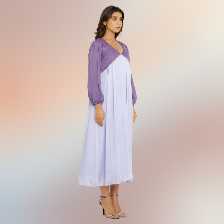 Purple-Lilac Colour Block Asymmetric Maxi Dress | Bemberg Modal Silk