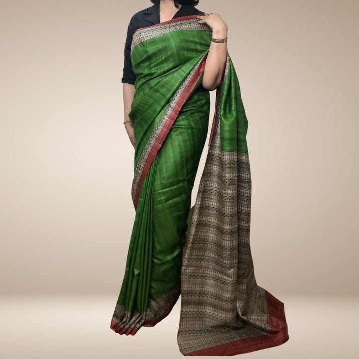 Parakeet Green Bhagalpuri Tussar Ghicha Silk Saree with Beige Printed Pallu And Rust Blouse Fabric 