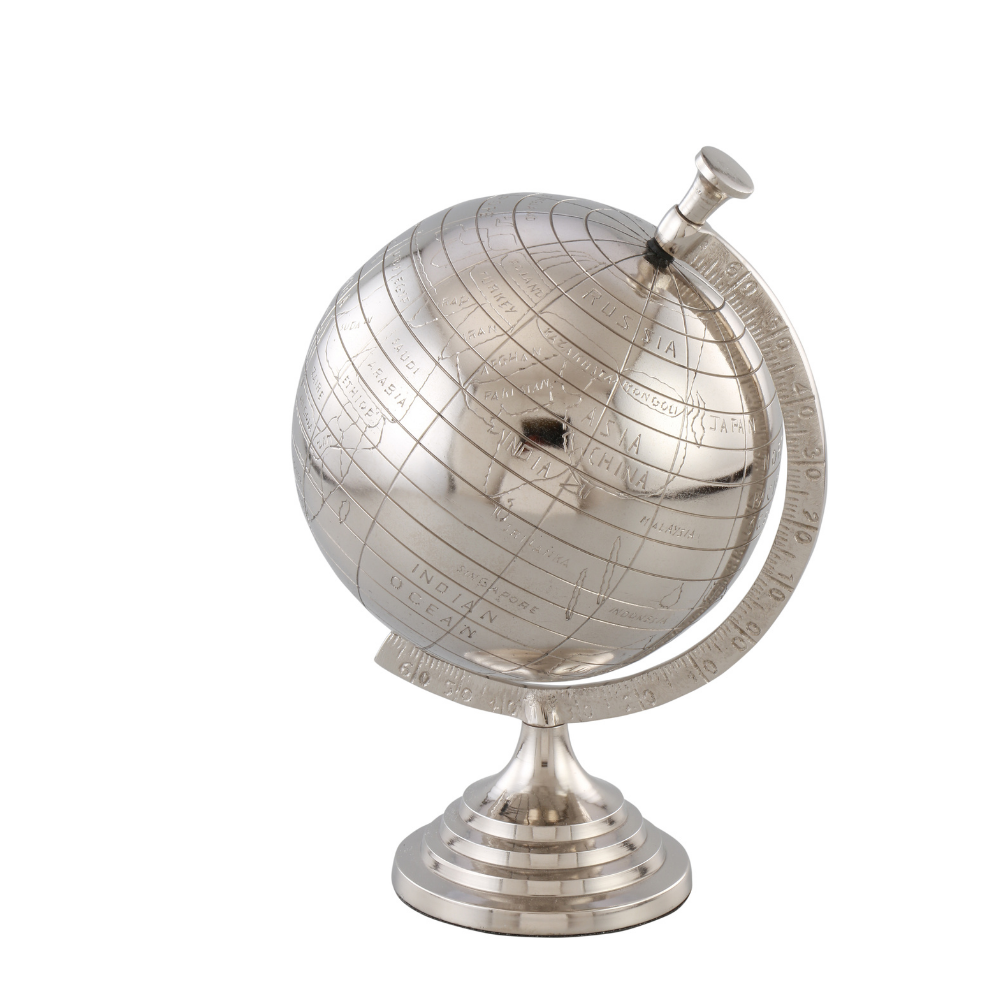 Globe Table Top Showpiece | Modern Home Decor | Hand-Crafted | Nickel Finish | 14 Inch