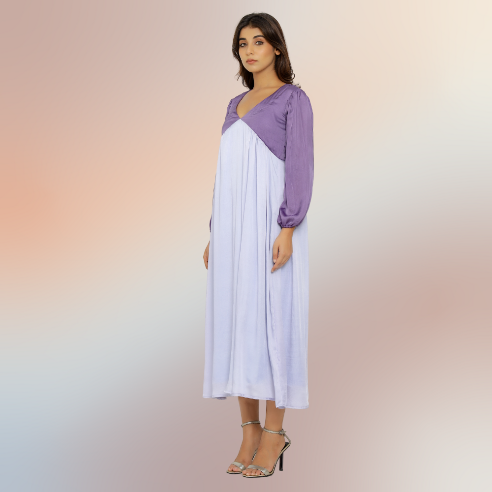 Purple-Lilac Colour Block Asymmetric Maxi Dress | Bemberg Modal Silk