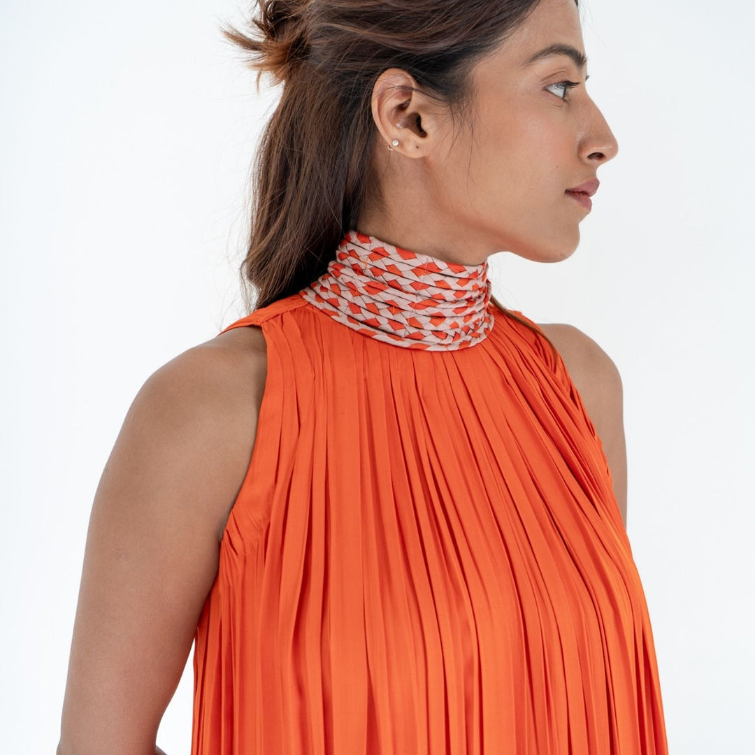 Orange Halter Neck Gather Gown | Modal | Effortless Elegant style