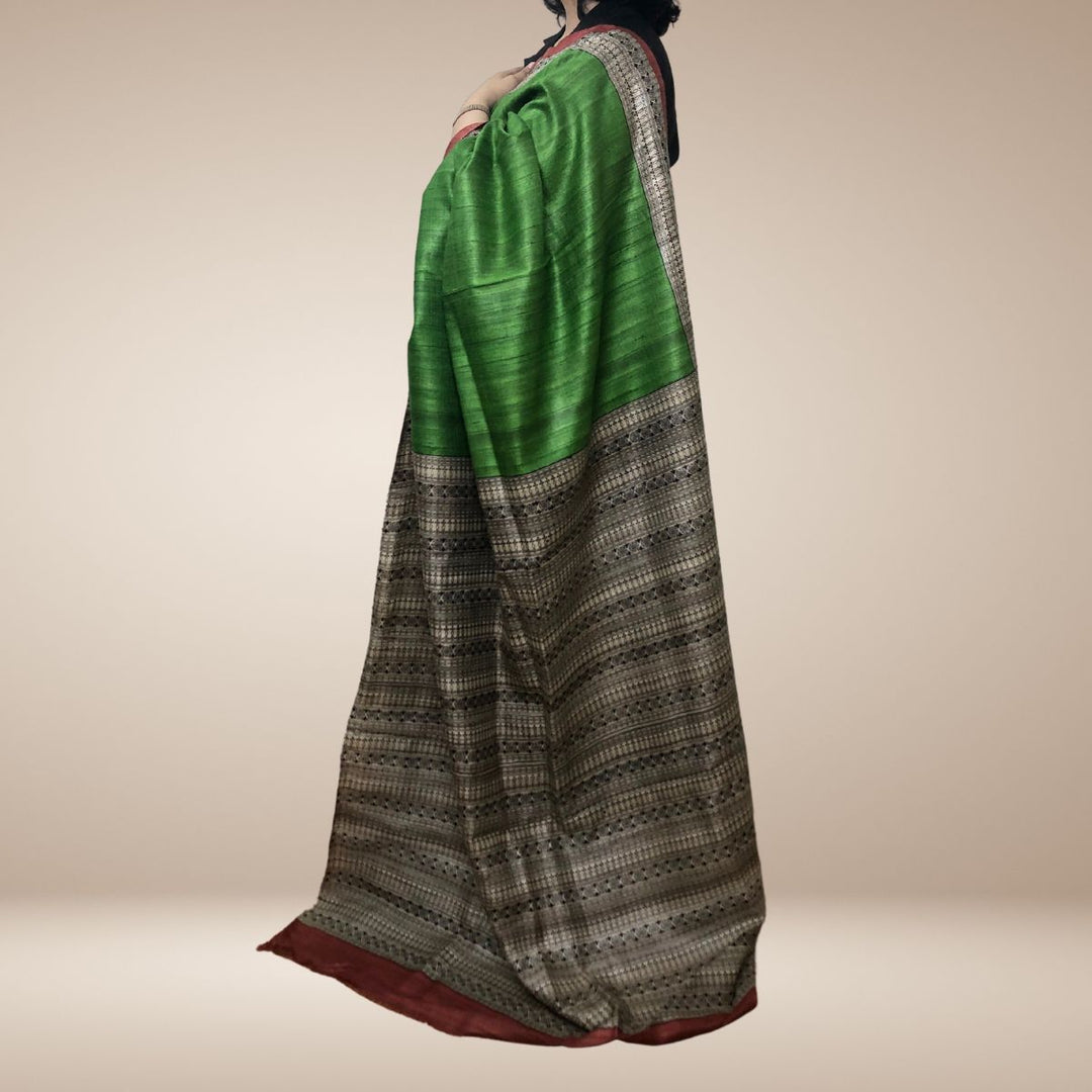 Parakeet Green Bhagalpuri Tussar Ghicha Silk Saree with Beige Printed Pallu And Rust Blouse Fabric 