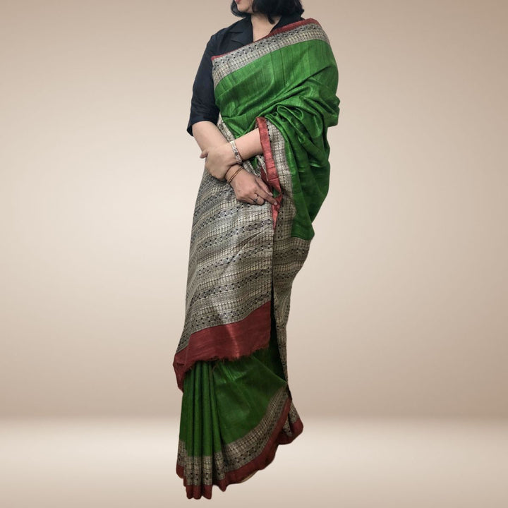 Parakeet Green Bhagalpuri Tussar Ghicha Silk Saree with Beige Printed Pallu And Rust Blouse Fabric 