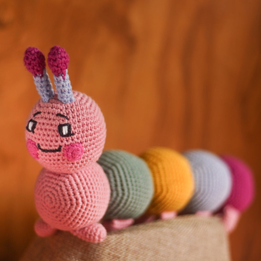 Cute Caterpillar Soft Toy for Babies | Hand Made of Crochet | Kids Safe | Pastel