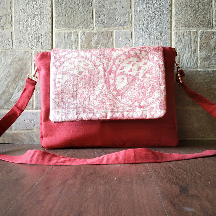 Scarlet Charm Square Sling | Tussar Silk with Madhubani Elegance