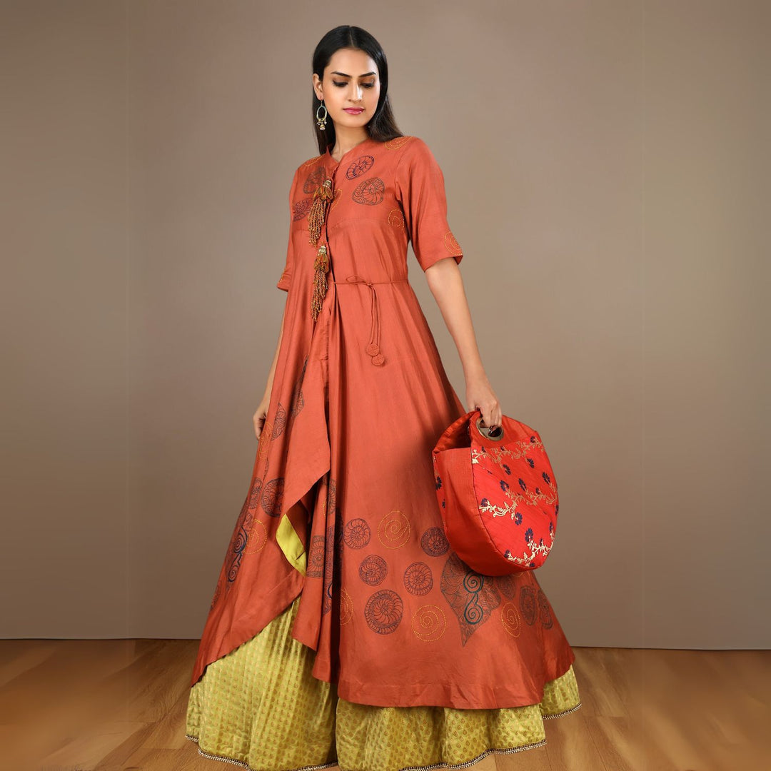 Rust Circular Bag | Silk & Banarasi Elegance | For Festive Grace