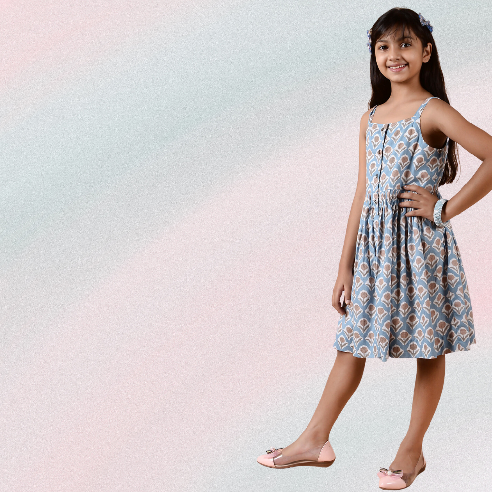 Opal Cami Dress | Handblock Printed | Kidswear | Cotton | Stone Blue